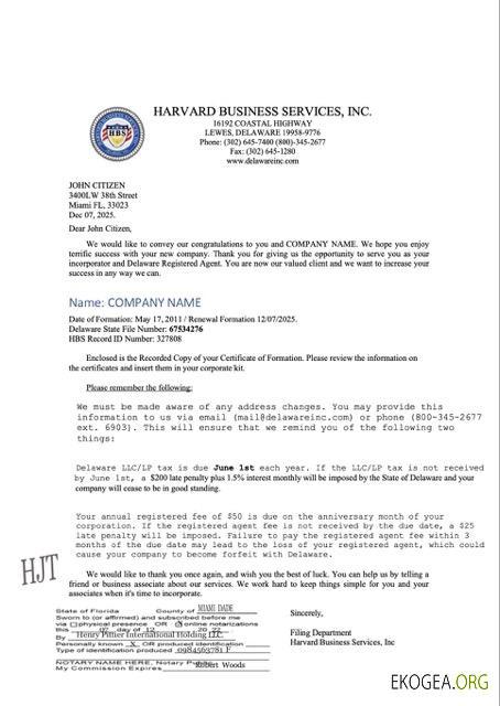 Modèle Word et PDF de certificat d'enregistrement USA Delaware, version 2